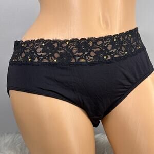 Cacique Panties Plus Size 18/20 Black Silky Stretch Lace Rhinestone Panty